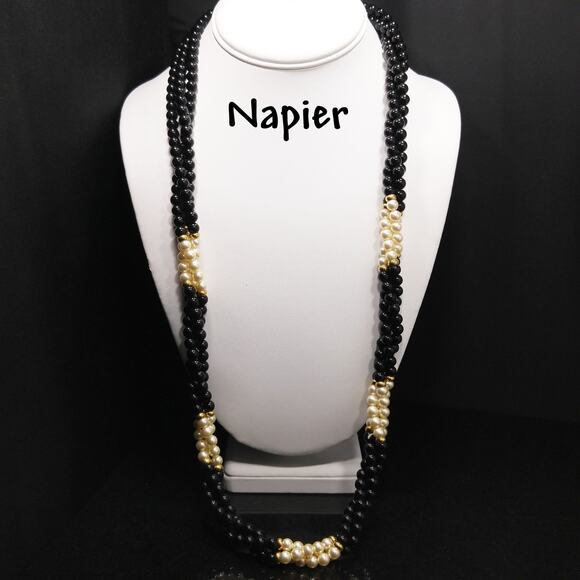 Vintage Napier Faux Pearl Black Bead Necklace, Twisted Strands, 1980, 31" - Picture 2 of 10